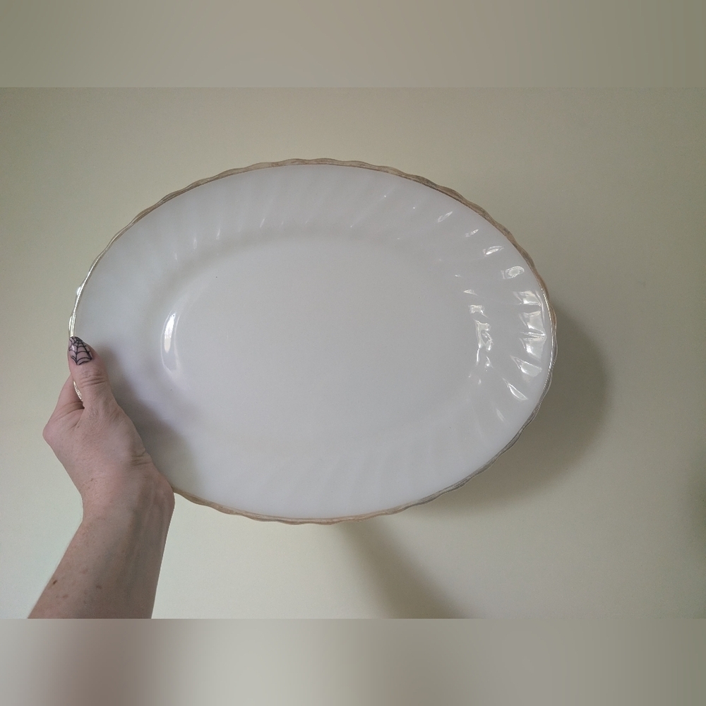 Anchor Hocking White and Gold Rimmed Serving Platter
